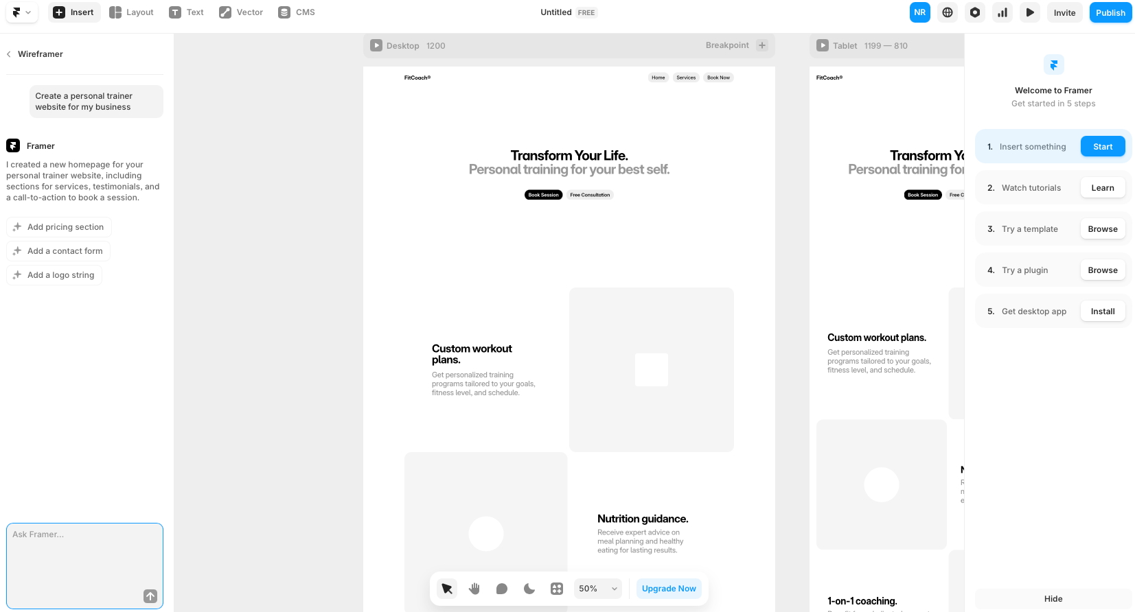 Framer AI drag and drop builder instead of AI generation